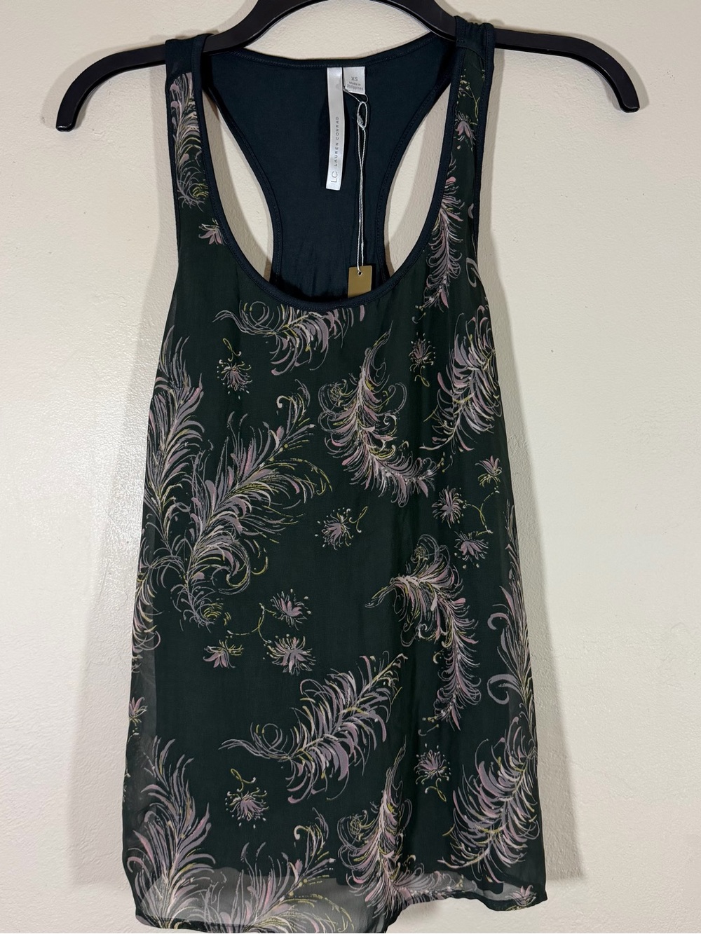 LC Lauren Conrad Black Feather Print Layered Racerback Tank Top Size XS Boho
